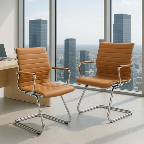 Ya-Home Konferenzstuhl aus Kunstleder Freischwinger Schwingstuhl mit Armlehne Moderner Besucherstuhl mit Chromgestell,2 Stück(Braun)