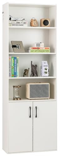 SFAREST 6-Tier Wooden Bookcase, Free Standing Display Unit and Organizer Cabinet with 2 Doors & 6 Storage Cupboard, Modern Tall Bookshelf for Living Room Study Office Bedroom (White, 62 x 30 x 178 cm)