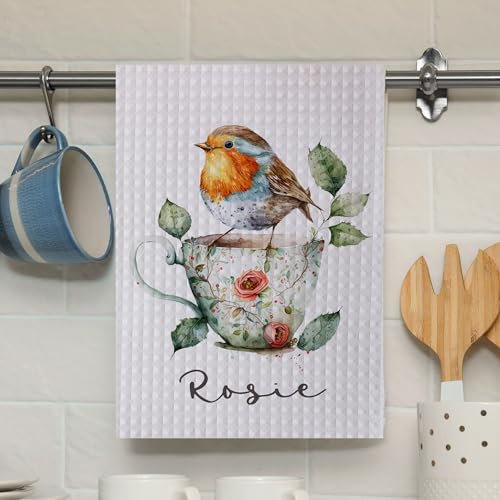 Personalised Bespoke Custom Name Kitchen Tea Towel Robin Bird Floral Rose Cup Themed Dish Cloth Drying Hand Waffle Baking Cooking Apron Unique Design Quality Pinafore Birthday Gift Set for Her