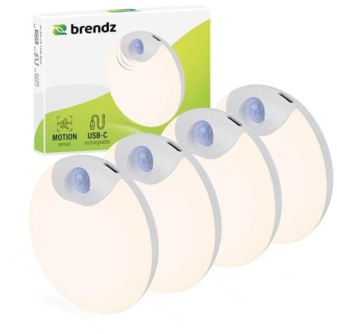 Brendz Rundes LED Nachtlicht mit Bewegungsmelder, USB-C Wiederaufladbar, Magnetisch, 4 Stück, Warmweiß 3000K, Dimmbare, Kabellose Schrankbeleuchtung, Treppenbeleuchtung, Sensor Licht