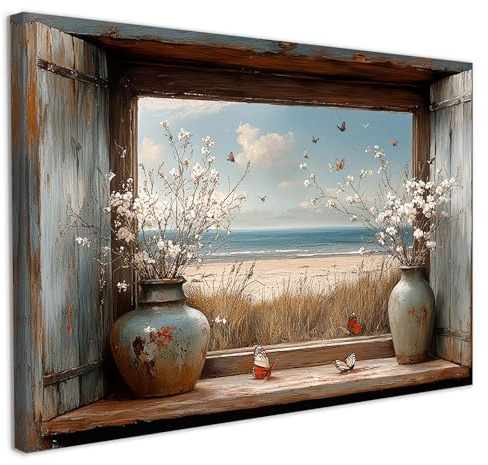 Galmcook Leinwand Bilder mit Rahmen – Wandbild 30x40 cm Fensterblick auf Strand, Kunstdruck auf Leinwand, Bilder für Wohnzimmer oder Schlafzimmer, Wandbilder Modern mit Haken und ohne Spuren Nägeln