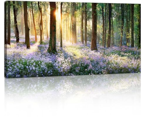 FajerminArt Großes Lila Lavendel Dschungel Leinwand Bilder Mit Rahmen Abstrakt Sonnenschein Wald Wandbilder Natur Landschaft Bild Auf Leinwand Wandkunst Deko für Wohnzimmer Schlafzimmer Büro 50x100cm