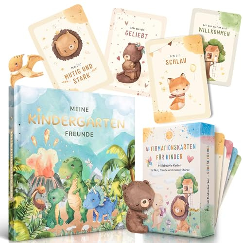 EULENTALER® Kindergarten-Set I Freundebuch Dino & 44 Affirmationskarten für Kinder I Von Erzieherinnen gestaltet I Geschenk zum Kindergartenstart I Stärkt Mut & Selbstvertrauen