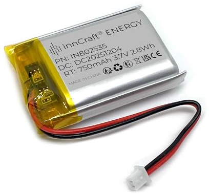 Batteria ai polimeri di litio innCraft Energy 750 mAh 3,7 V, 36 x 25 x 8, modello 802535 2P Molex 51021-020, connettore 1,25 mm