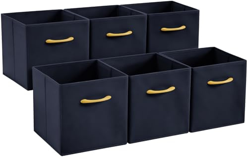 Hibtn Set of 6 Foldable Storage Box, Fabric with Handles Storage Cubes And Cloth Storage Organizer Drawer For Closet And Toys Storage,30 x 30 x 30 cm, Navy Blue