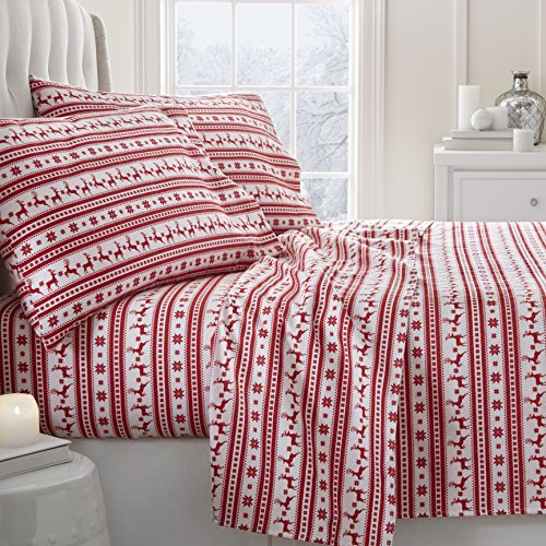 ienjoy Home 4-teiliges Flanell-Bettwäsche-Set mit Rentier-Muster, Rot