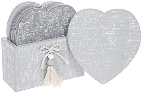 Joe Davies Provence Collection Cool Grey Shabby Chic Dessous de Verre en Forme de Coeur - Ensemble de 6 dans Un Support de Dessous de Verre
