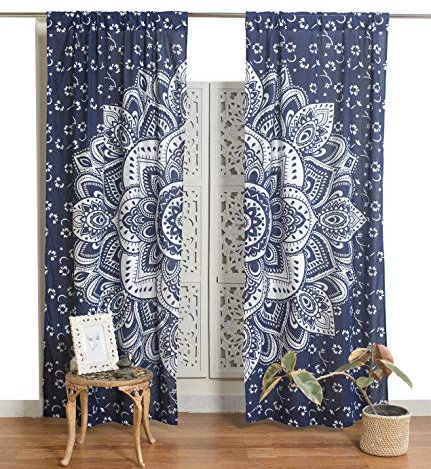 Popular Handicrafts Mandala-Vorhang, indischer Hippie-Stil, Bohemian-Stil, Ombré-Farbe, Blau und Silber
