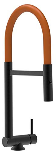 Chrom schwarz matt Küchenmischer mit orange schwenkbarem Auslauf und abnehmbarer 2 strahl Handbrause - Gesamthoehe nur 4,5 cm