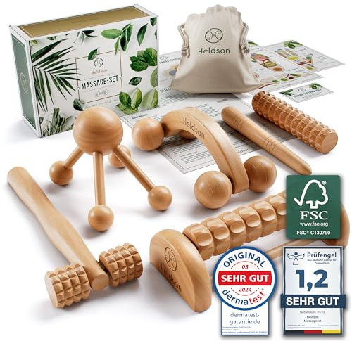 HELDSON® FSC® - Set de masaje premium de madera (6 piezas) 100% – Diversos masajeadores y rodillos de masaje – Masaje de pies, masaje de cabeza, empujador de puntos gatillo – Herramientas de terapia