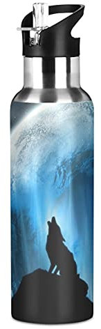 Vnurnrn Art Cadeau Bleu Animal Loup Bouteille d'eau Isotherme avec Paille en Acier Inoxydable Gourde 600ML, Sans Bpa Gourdes Eau pour Enfant Sport Randonnée École Bureau