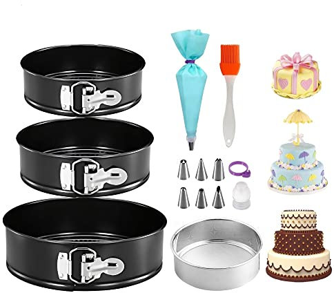 jingxinxin Cake Tins Set Non-Stick 7/8/9 Inch,Springform Baking Trays &1 Pcs Flour Sieve,Piping Bags and Nozzles Set 9 Pcs,1 Pcs Oil Brush,Cheesecake Pan with Removable Bottom