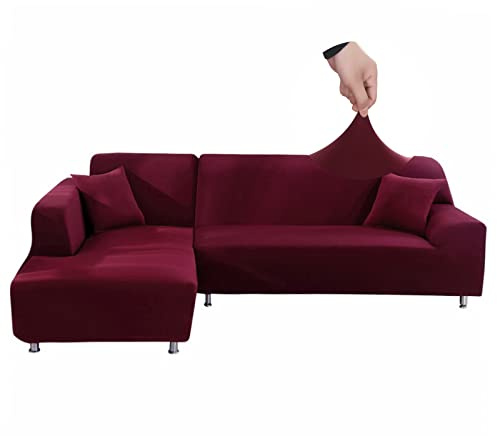 Jaotto Sofabezug Elastische Spandex Stretch Couchbezug für L-Form Sofa Überwürfe Universal Waschbar Sofaüberwurf 2er Antirutsch(1 Sitzer+2 Sitzer,Bordeaux)