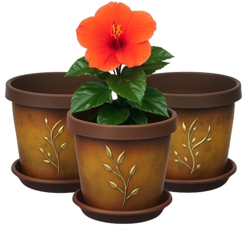 Home Garden Ornaments Plant Pots Indoor Outdoor Decorative Plastic Flower Pots with Saucer, Terracotta Branch Pattern – Set of 3, Indoor Plant Pot (13 cm / 5.1 inch)
