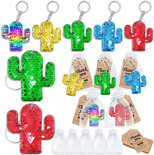 CiciBear Confezione da 60 portachiavi con paillettes a doppio mazzo con 20 portachiavi a forma di cactus, 20 etichette di ringraziamento e 20 sacchetti regalo per bomboniere messicane, compleanni per