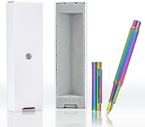 Wikult Personalisierter Hong-Dian Füllfederhalter in Regenbogenfarben, Waldfarbe, gebogene Spitze, Kalligraphie-Füller (fein bis breit) mit Geschenkbox-Set, graviert mit Ihrem Namen