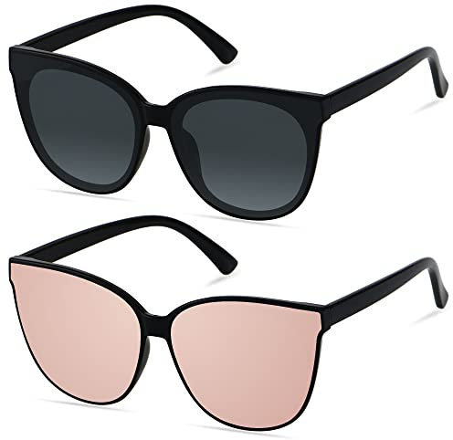 LYZOIT Oversized Cat Eye Sunglasses for Women Big Large Cateye Frame Shades 2 Pack Fashion Vintage Sun glasses, (2pack) Black + Mirrored Rose Gold, L