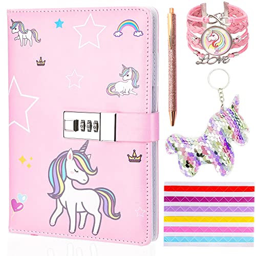 Lubibi Unicorn Stationery Set- Unicorn Lockable Notebook, Pen*1, Unicorn Bracelet, Photo Corner*1, Unicorn Keychain*1, Unicorn Gifts for Girls Ages 4 5 6 7 8 9 10 11 years old