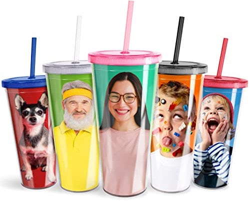 Pixly® Personalised Custom Photo Tumbler with Lid & Straw Re-usable Double Wall BPA Free Plastic Drink Cup | 450ml / 650ml Capacity | Clear, Black, Red, Blue, Pink (Large)