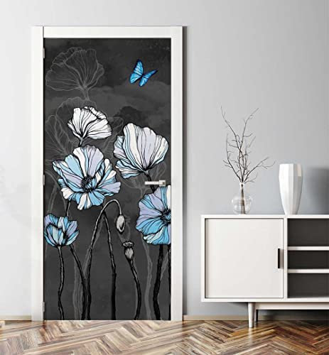 MyMaxxi - Tür bekleben mit Türtapete Selbstklebend 90x200 Blümchenfeld bei Nacht - Tür verschönern Türfolie - Türaufkleber - Türposter Türklebefolie Blume Blatt Schmetterling schwarz blau