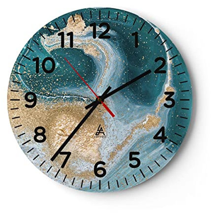 Modern Wanduhr Golden Türkis Hintergrund 30x30cm Rund Klein Wand Uhr Glas Analog Zimmeruhren Küche Büro Wohnzimmer Glasuhr Wall Clock Dekoration Design Wanddekoration Küchenuhr C4AR30x30-4969