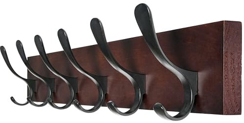 SKOLOO Garderobenleiste Wandhalterung - Holz Braun Wandgarderobe Haken Wandgarderobe Kleiderbügel Rack mit 6 Haken zum Aufhängen von Mänteln, Hüten, Kleidung, Schals, Braun & Schwarz