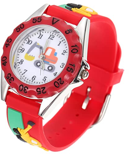 Hemobllo 3D-Cartoon-Kinderuhren: Niedliche Bagger-Kinderuhr, Zeitlehrer-Uhr, verstellbares Silikonarmband, Kinderarmbanduhr für Jungen, Mädchen, Kleinkinder, Kinder, rot, 0.9X3.2X20.5CM, Armband