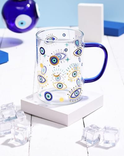 Nefelibata Evil Eye Glas-Kaffeetasse mit Griff, 473 ml, Glasdose für heiße/kalte Getränke, Cappuccino, Latte, Espresso, Bier, Hamsa, blauer böser Blick zum Schutz, Becher, hitzebeständig und