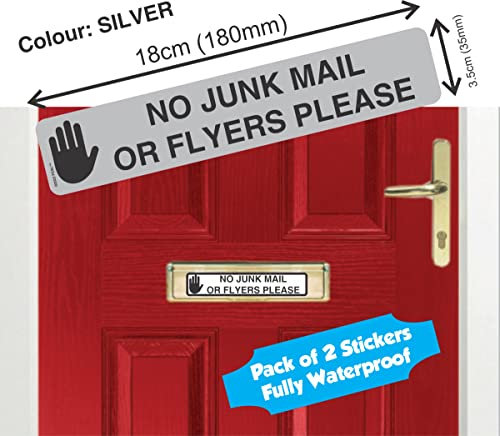 Stop Junk Mail - No Leaflets or Junk Mail Please - Door Letter Box Sticker for Door Sign Post Postbox Office or Home (Silver)