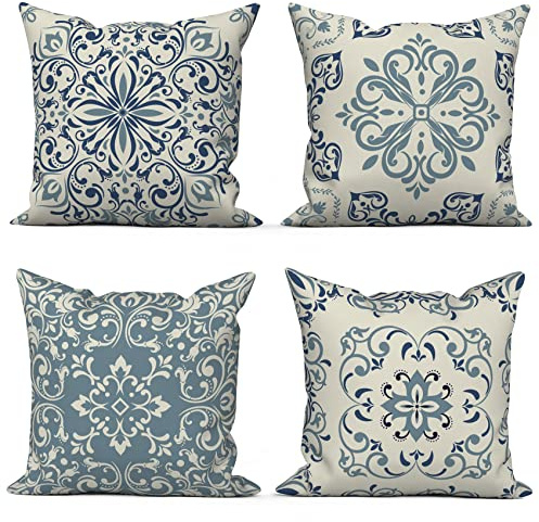 ASDCXZ Kissenbezug Boho 45x45 cm 4er Set, Retro Datura Blume Muster Beige Blau Sofa Dekokissen Kissenbezüge Kissenhülle Waschbar Polyester Flachs Textil Outdoor Polster Kopfkissenbezug Kissen Bezug