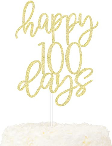 LOVENJOY Happy 100 Days Kuchen Topper Gold Glitter Hundred Days Tortendeko, Jungen Mädchen 100 Tage Partykuchendekoration