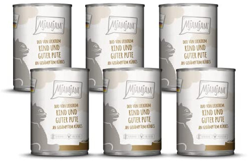 MjAMjAM - Premium Nassfutter für Katzen - DUO von leckerem Rind & guter Pute an gedämpftem Kürbis, 6er Pack (6 x 400 g), getreidefrei mit extra viel Fleisch