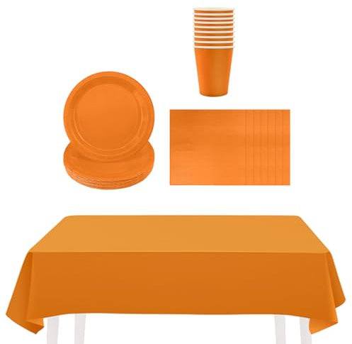 53P Solid Color Orange Tableware Set Decor,20 Paper Napkins 16 Cups Plates in Orange,1P Large Plastic Tablecloth Disposable Dinnerware Kit for Him Her Men Women Adults Kids Party Dinnerware Supplier