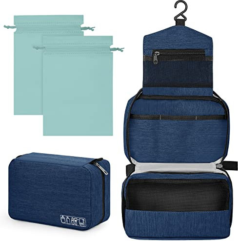 Sarsumir Kulturbeutel Damen Herren Kulturtasche Kosmetiktasche Zum Aufhängen Reise Schminktasche Waschtasche 1 Toiletry Bag + 2 Tasche mit Kordelzug, Navy Blau