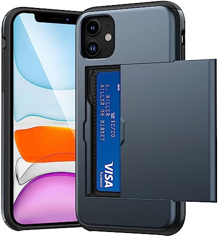 ACOCOBUY for iPhone 11 Case with Card Holder Sliding Cover Hidden Pocket IDs Credit Cards Slot Heavy Duty Shockproof Protective Dual Layer Wallet Phone Cover Back Shell for Men Women 6.1 inch Navy