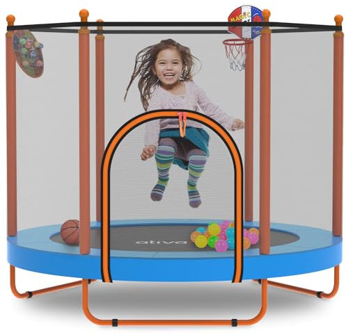 ATIVAFIT 60'' Rebounder Trampoline Indoor Outdoor for Kids Ages 1-8, 5FT Recreational Toddler Trampoline with Safety Enclosure Net Gifts with Basketball Hoop Dartboard Ocean Bal