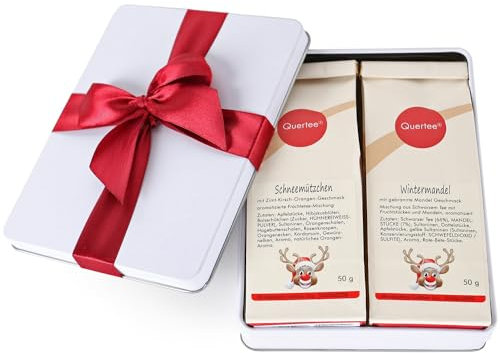 2x Weihnachtstee in Geschenkdose mit roter Schleife – Wintertee Schwarztee „Wintermandel“ & Früchtetee „Schneemützchen“ (je 50 g) von Quertee