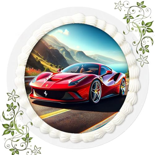 Für den Geburtstag ein Tortenbild, mit Motiv Ferrari, Essbares Foto für Torten, Tortenbild, Tortenaufleger Ø 20cm ESSPAPIER Muscle Car Nr. 4