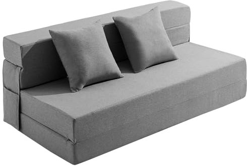 JKMAX Sofá cama plegable tamaño Queen – Silla futón 4 en 1 con dos almohadas – Sofá futón de espuma viscoelástica de alta densidad – Colchón plegable convertible con funda de lino moderna lavable para