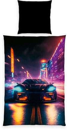 Herding Bettwäsche Neon Car, Young Collection, Kopfkissenbezug 80 x 80 cm mit Wende-Motiv, Bettbezug 135 x 200 cm, Mit Reißverschluss, 100% Polyester/Mikrofaser