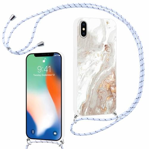 ZhuoFan Handykette für iPhone XS/iPhone X Hülle mit Band, Aesthetic Marmor Muster Verstellbarer Halskette Handyhülle mit Kordel zum umhängen, Silikon Stoßfest Schutzhülle mit Kette, Weiß