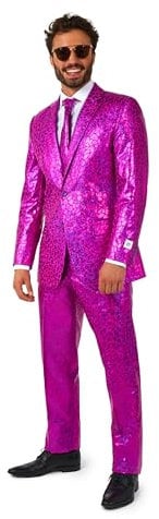 OppoSuits Anzug für Herren - Silvester Party Kostüm - Holografisches Karo Silber - Inklusive Blazer, Hose, Krawatte, Peppy Pink, 48, Peppy Pink, 48