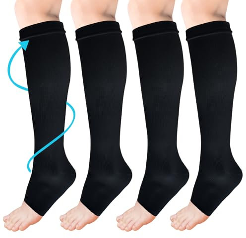 ACWOO Kompressionsstrümpfe für Damen Herren, 2 Paar Stützstrümpfe Medizinisch Kompressionssocken mit 15-20 Mmhg Thrombosestrümpfe, Open Toe Compression Socks für Laufen, Sport, Flug, Radsport(Schwarz)