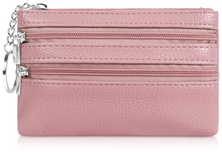 Aucuu Coin Purse Leather Zipper Wallet Card Holder Key Case Women Mini Wallet, with 3 Compartments & Keychain, Small & Lightweight, Easy to Carry, 12 * 8 CM (Pink)