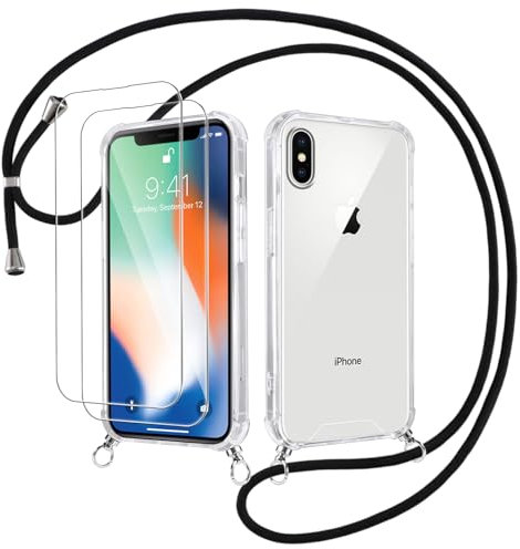 Votvloay Coque Cordon pour iPhone X/iPhone XS 5,8 avec 2 Pièces Verre Trempé, Transparent Étui Réglable Laniere Collier Corde Case, Mince TPU Souple Silicone Housse Antichoc Anti-Rayures Cover, Noir