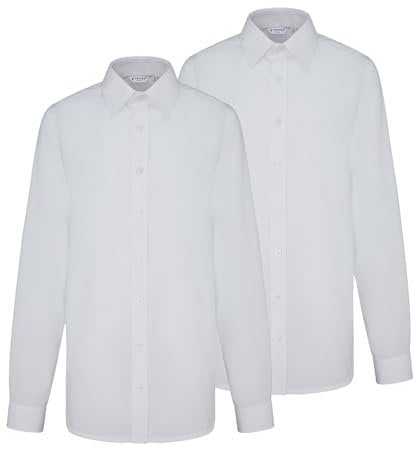 Trutex Basics 2 Pack Long Sleeve White School Shirts for Boys (3-16+ Years) - Regular Fit, Easy Iron, Button Down - Genuine School Uniform