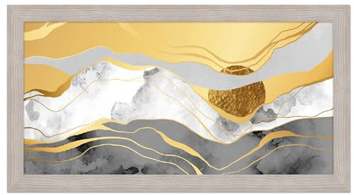 Lupia - Quadro moderno, per soggiorno camera da letto, con cornice BOSTON colore BEIGE, 60x110 cm, STORM stampa su pannello in legno, stile paesaggio grigio bianco e oro
