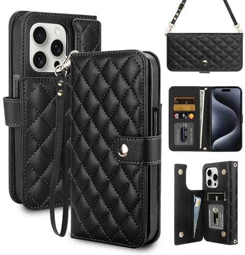 Coolden for iPhone 15 Pro Case Wallet with Card Holder [4 Card Slots] Shoulder Strap for Women PU Leather Flip Magnetic Clasp Protective Shockproof Cases Cover for iPhone 15 Pro Phone Case-Black