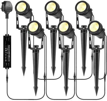 B-right Garden Lights Mains Powered, 21M Extendable to 8 Garden Spike Lights,12V Low Voltage IP65 Waterproof Outdoor Spot Light LED for Pathway Yard Lawn(6Pack Warm White 18W)