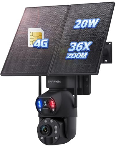 SHIWOJIA 3G/4G LTE Solar Security CCTV Camera with 20W Solar Panel 20,000mAh Battery, Dual Lens, 36X Zoom, Night Vision Colour, Human/Vehicle Detection